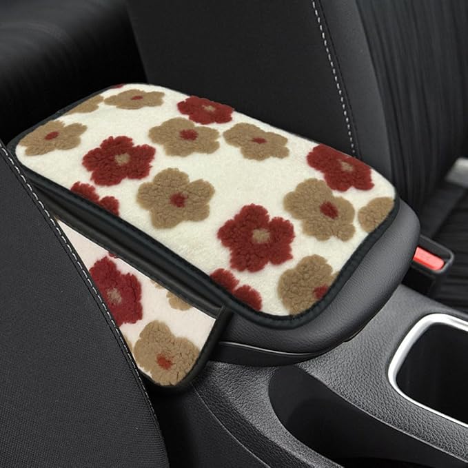 Car Center Console Cover, Soft Fluffy Car Armrest Seat Box Cushion Pad with 2 Storage Bags, Universal Vehicle Interior Protector Accessories for Most Sedans, SUVs, Trucks (Red)