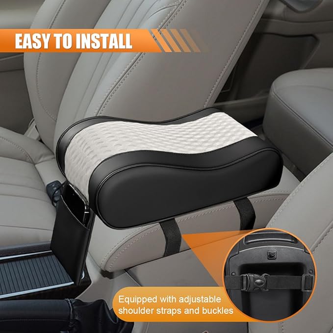 Car Armrest Cushion, Memory Foam Auto Center Console Armrest Pillow Pad with Storage Bag, Breathable Leather Middle Console Protective Pad with Phone Holder Relieve Elbow Pressure (WhiteGray)