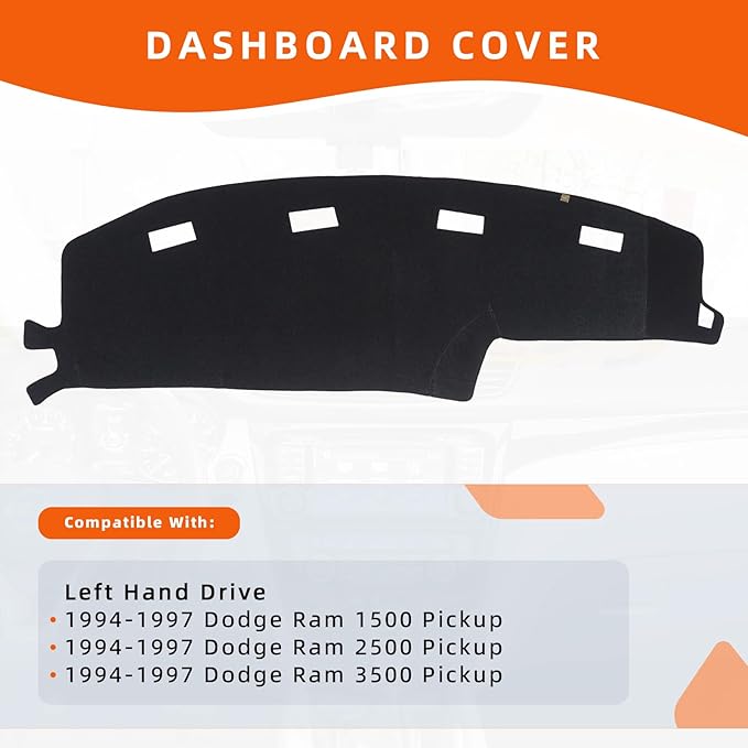 KEYOOG Dashboard Cover Dash Mat Fit for 1994-1997 Do-dge Ram 1500 2500 3500,Car Dash Board Mat Anti-Glare Carpet,Non-Slip Pad Sunshield Protector (Black)(for Left Hand Drive)
