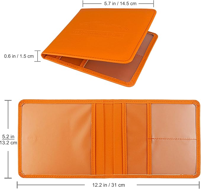 LumiMokki Car Registration and Insurance Holder, Leather Registration and Insurance Card Holder, Vehicle Glove Box Organizer - For Documents, Cards, License (Orange)
