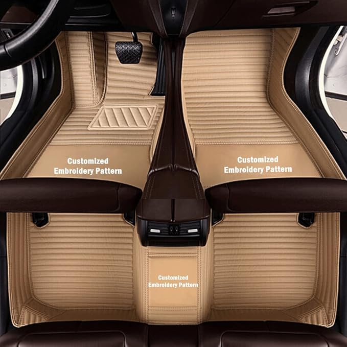 Custom Fit Car Floor Mats for Most Cars, SUVs, Trucks - Waterproof PU Leather All-Weather Floor Liners - Durable Anti-Slip Interior Car Accessories to Protect Vehicle Floors (Beige Strip)
