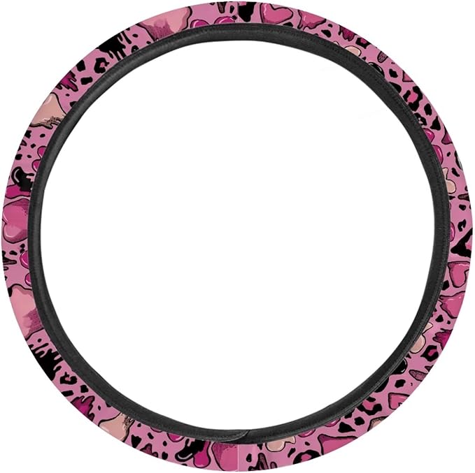 Universal Non-Slip Steering Wheel Cover, 15-inch Polyester Material Driving Accessories, Adjustable for Car and Truck(Sweet Cool Pink Leopard)