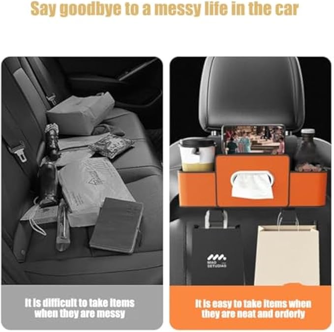 Car Organizers and Storage Box, Multifunctional Car Organizer and Storage Box Back Seat, 3-in-1 Holder Tissue Dispenser, Phone Stand for Snacks, Drinks, Bag Hook, Keep Tidy & Organized (Brown)