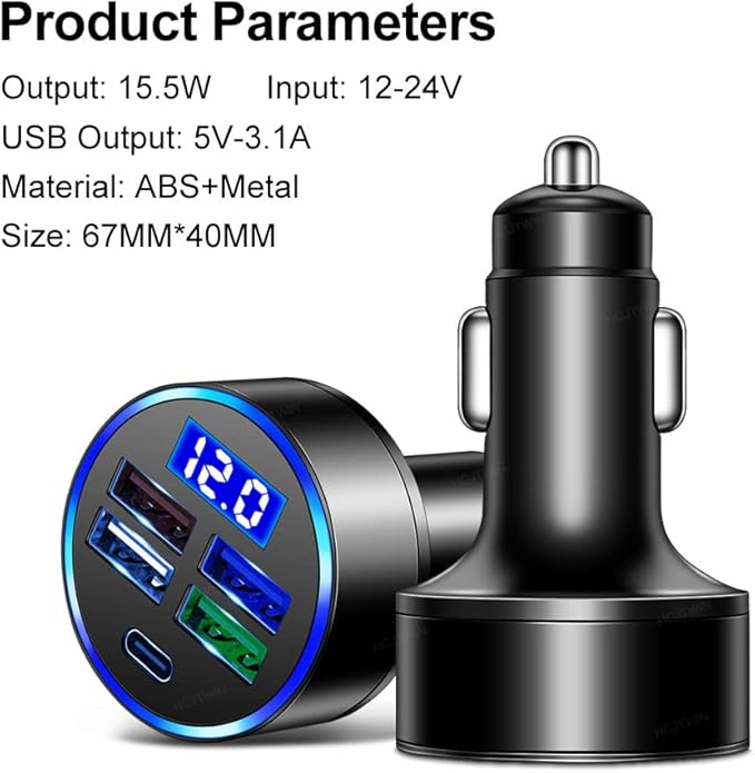 5 Port USB Car Charger(4USB+Type C) Compact Fast Charger Cigarette Lighter Adapter with LED&Voltage Monitor, Compatible with iPhone 14/Pro MacBook, iPad Pro/Air, Galaxy All Smart Phone(1Pcs