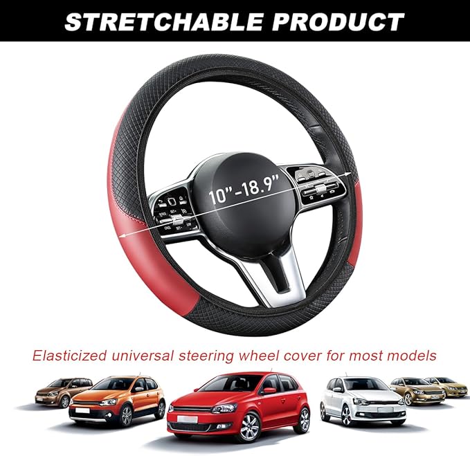 Car Steering Wheel Cover, 15 Inch Carbon Fiber Leather Stitching Color Steering Wheel Protector, Anti-Slip Elastic Breathable Steering Wheel Cover Stylish Decor for Most Cars (Wine Red, AD)