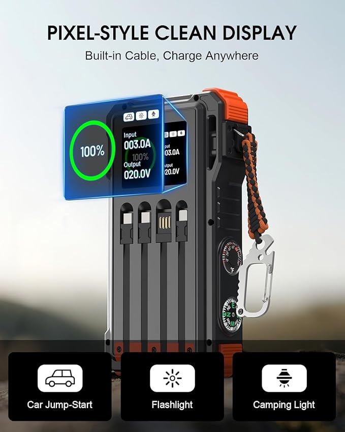 Solar Jump Starter, 5000A Peak 12V Car Battery Jump Starter for Up to 10.0L Gas & 6.0L Diesel Engines, Jumper Cables & Solar Power Bank, Car Accessories & Gift for Men, Husband, Dad, Organge