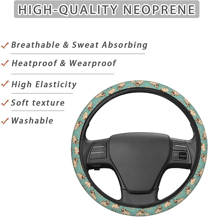FeHuew Cute Unicorn Pug Puppies Steering Wheel Cover for Women, Girls 15 inch Universal Auto Car Anti Slip Wrap Steering Wheel Covers Fit for Vehicles, Truck, SUV