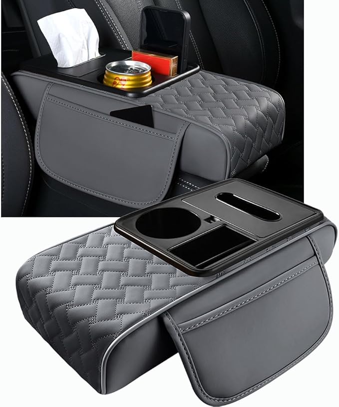 Arm Rest Cover for Car 6.3" Narrow Style,6-in-1 Microfiber Leather Center Console Cover with 2 Storage Bags Cup Holder, Tissue Box Slot, Phone Slot,Universal Accessories Interior Organizers (Grey)