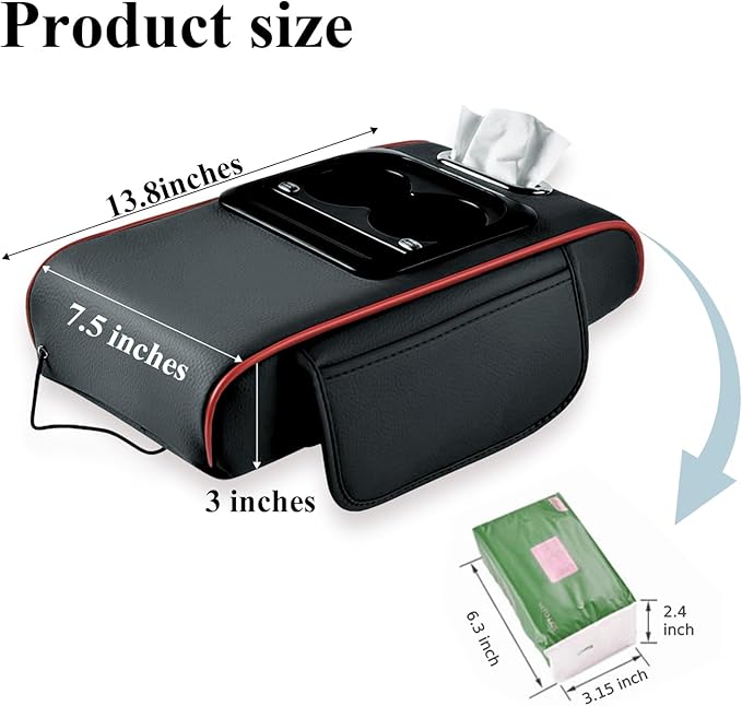 Car arm Rest Cover Pad (Upgraded Type-C), 5-in-1 Center Console Cover with Cup Holder, Tissue Box Slot, Mobile Phone Storage Slot, Suitable for Most Car Console, 13.8''x7.1''x3.0'' (Black-Red)