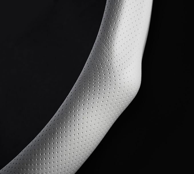 Quick Install Sporty White Perforated Nappa Leather Steering Wheel Cover with Black Top Stripe for Tesla Model Y White Trim