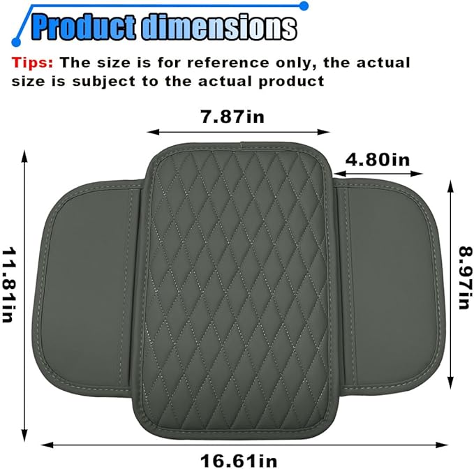 Car Center Console Cover, Car Armrest Cover Cushion, Leather Support Pad with 2 Storage Bags, Universal Interior Decorative Accessory for Most Vehicles, SUVs, Trucks, RVs (Gray)