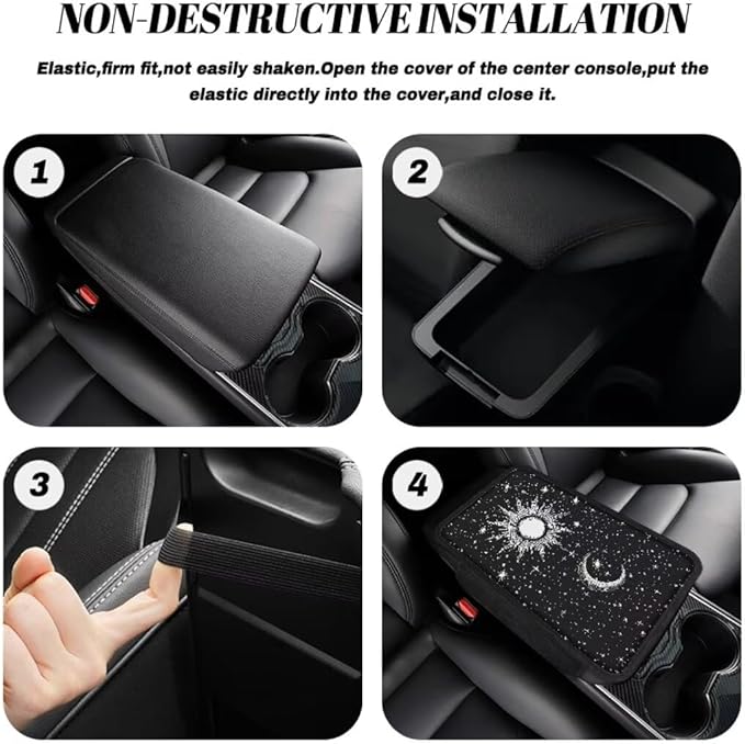 Boatee Sun Moon Armrest Cover for Auto Center Console Cover Arm Rest Mat for Car Console Organizer Armrest Storage Box Pad Universal Arm Rest Cushion Car Accessories Interior Set with Pockets Black