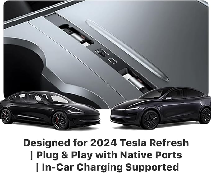 USB Docking Hub for Tesla Model 3/Y Waterproof - Fast Charger for Model Y/3 Accessories 2024 2023 2022 2021 4Ports Retractable Docking Station, 2 Type-C Fast Charging Cables (Not Fit Model 3 2024)