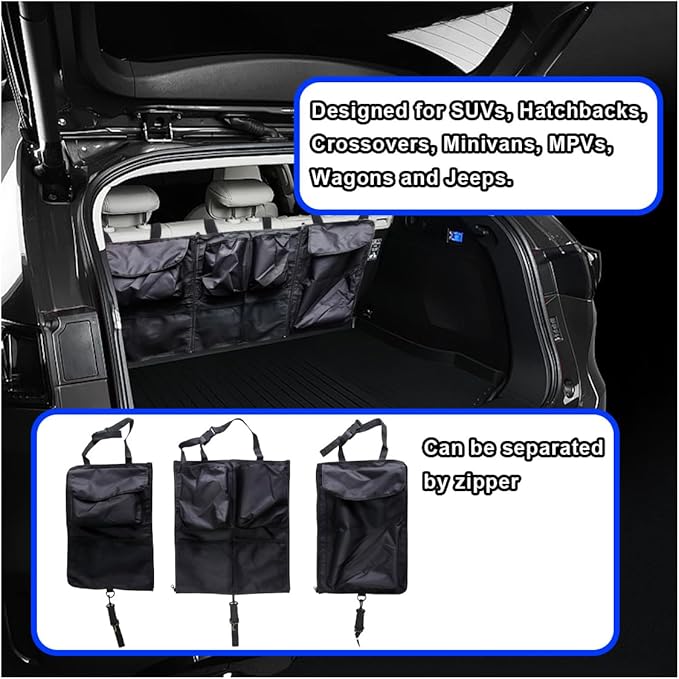 Back Seat Trunk Organizer, Large Capacity Hanging Storage Organizer with Adjustable Straps, Waterproof Cargo Storage Bag with Pockets, Car Interior Accessories for Car, Truck, SUV (Black)