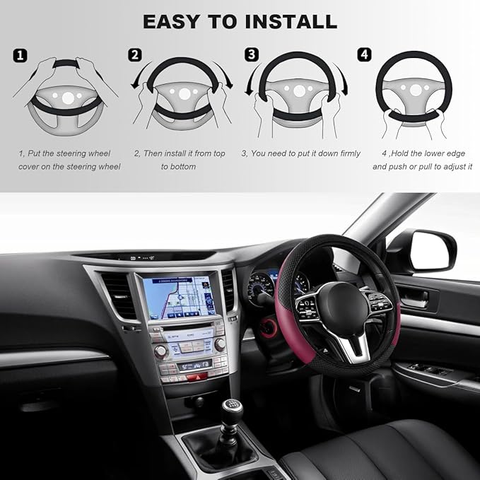 Car Steering Wheel Cover, 15 Inch Carbon Fiber Elastic Vehicle Steering Wheel Protector, Breathable Leather Auto Wheel Covers for Women Men, Interior Car Accessories (Wine Red, AD)