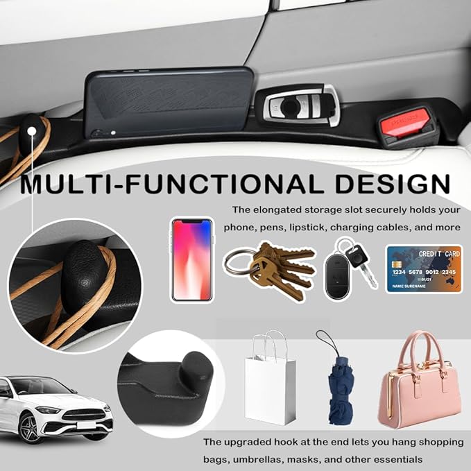 2PCS Car Seat Gap Filler Organizer,3-in-1 Multifunctional Car Gap Seat Filler with Storage Slot & Hook,Premium in Between Cars Seats Catcher Avoids Dropped Items Fits Most Cars