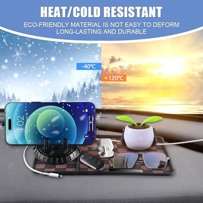 NHHEO Car Anti Slip Mat Dashboard Tray Decorations Sticky Pad Thicken Washable with 360° Rotating Universal Phone Pad Holder+Number Plate for GPS Aromatherapy Sunglasses Key(Black&Brown)