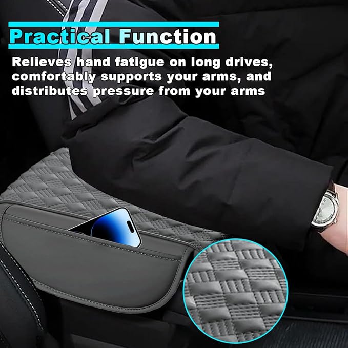 Car Center Console Cover with Storage Pocket, Waterproof Leather Car Armrest Cover Cushion Pad Distributes Elbow Stress, Non-Slip Middle Console Storage Box Covers for Most Vehicles (Grey)