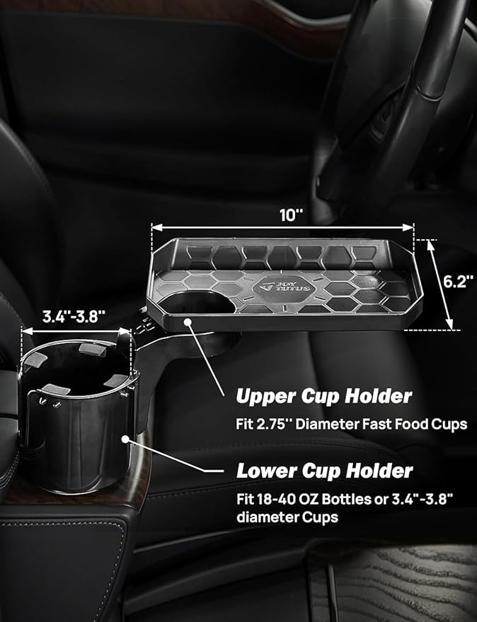 JOYTUTUS Cup Holder Tray, 10 inch Car Food Tray for Eating with Phone Holder, Car Cup Holder Expander and 360° Rotating Car Cup Holder Tray Table fit in 2.75-3.25 inch Car Holder, Travel Essentials
