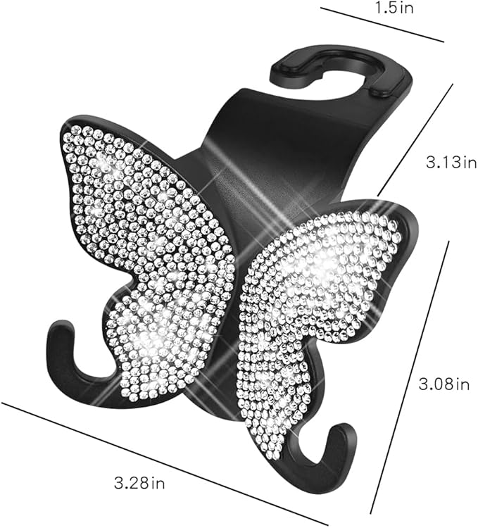 2 Pack Butterfly Bling Car Seat Headrest Hooks for Purses and Bags Aesthetic Design Car Hooks Rhinestones Hanger for Car Back Seat Organizer Storage Hook Bling Black Car Accessories for Women