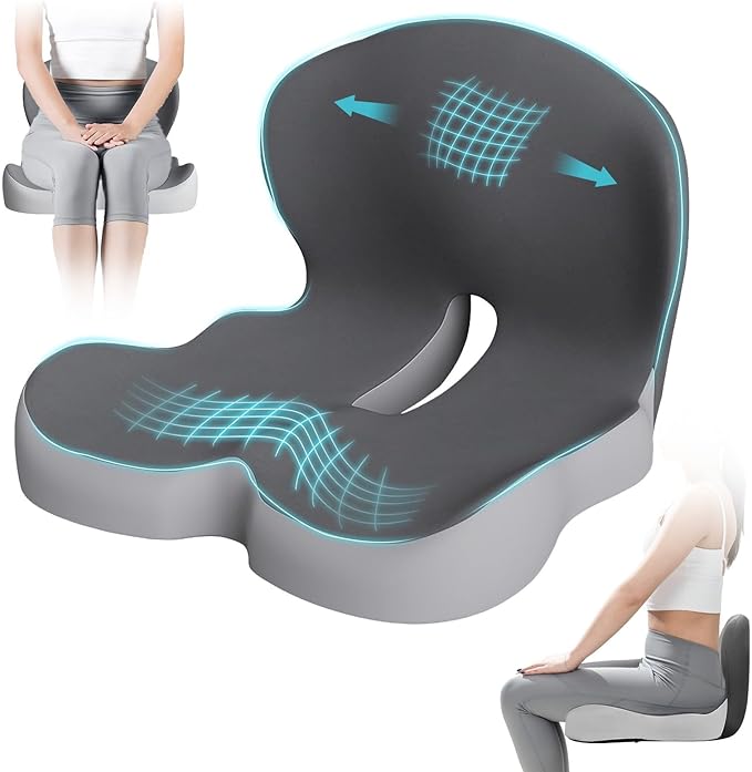 Ergonomic Seat Cushion for Office Chair & Car - Memory Foam Car Cushions for Driving with L-Shaped Design, Adjustable Strap, Non-Slip Bottom - Orthopedic Pad for Truck Driver (Grey)