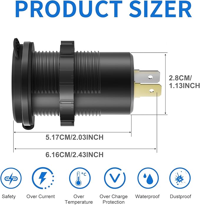 USB C Car Charger Socket 12V USB Outlet, 78W Dual 30W PD and 18W QC3.0 Multi Port Cylinder Charger with Button Switch Waterproof for Car Boat RV Marine Golf Cart Truck Bus Motorcycle etc.