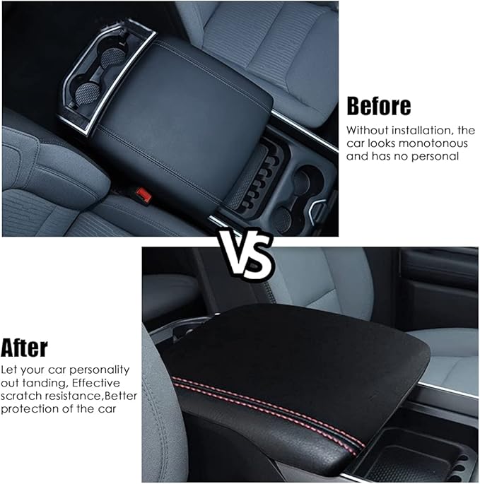 sportuli Center Console Cover Anti-Scratch Leather Armrest Pad Replace for 2019-2024 2025 Dodge RAM 1500 2500 3500, for All Makes & Models with Bucket Seats (Red Stitches)