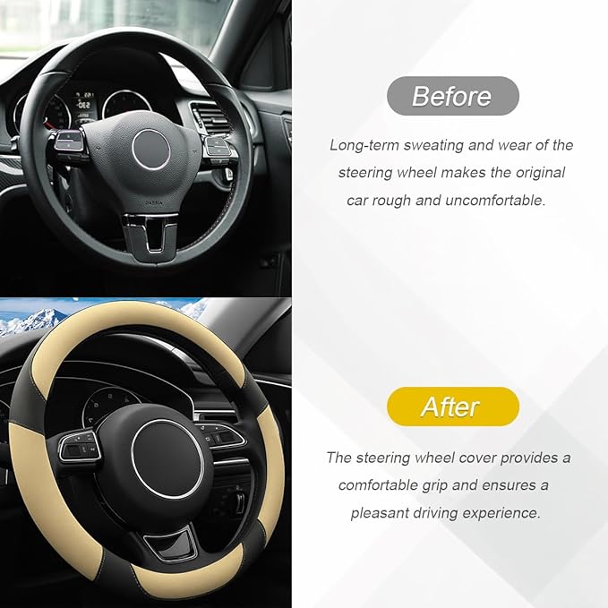 HZEL Car Steering Wheel Cover, 15 Inch PU Leather Breathable Anti-Slip Vehicle Steering Wheel Protecter with Inner Ring, Automotive Interior Accessories, Universal for SUV Sedan Truck (Beige)