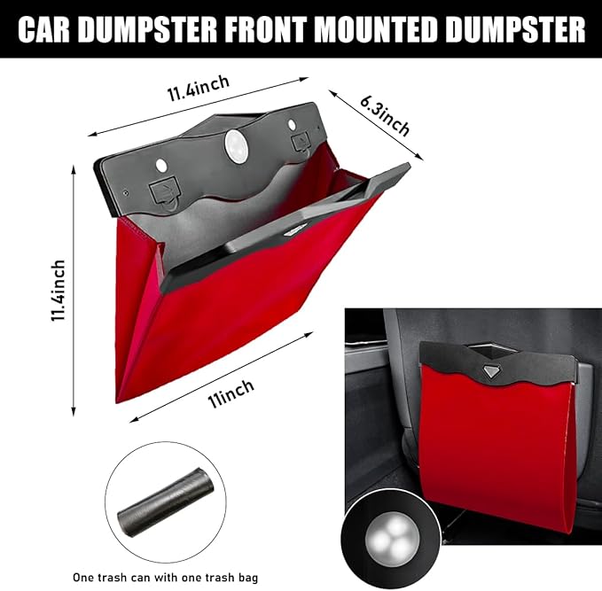 Hanging Car Trash Bag, Foldable Magnetic Garbage Can with Smart LED for Front Back Seat, Multi-Functional Waterproof Leather Rubbish Bag Storage Pocket, Car Accessories (Red)