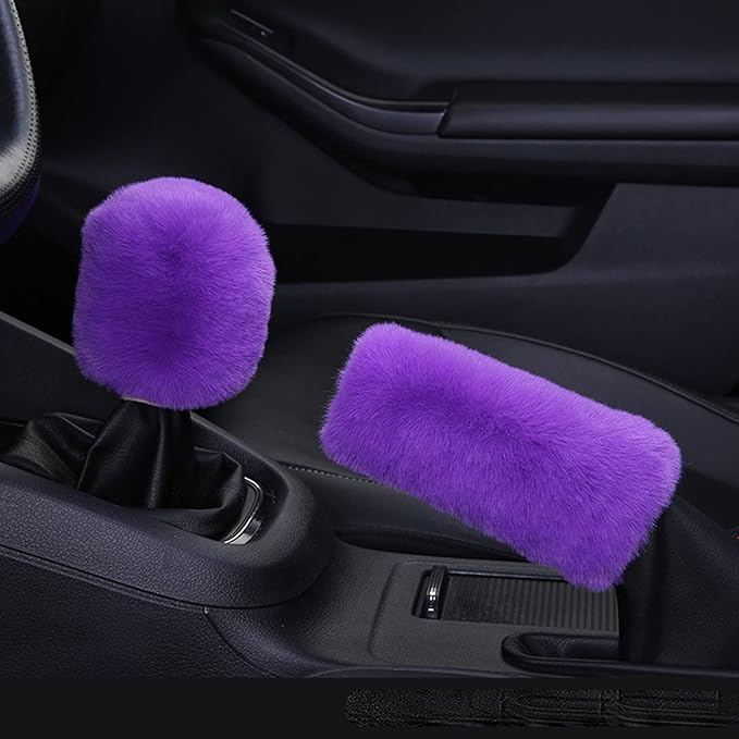 1 Set 6 Pcs Fluffy Car Steering Wheel Cover & Seat Belt Shoulder Pads & Handbrake Cover & Gear Shift Cover Set & Seat Belt Shoulder Pads Faux Wool Universal Fit Car Interior Accessories (Purple)
