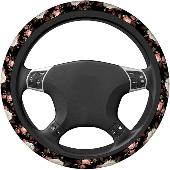Swono Beautiful Roses Non-Slip Steering Wheel Cover Vintage Floral with Red and White Roses Neoprene Car Steering Wheel Covers Grip Automotive Steering Wheel Protector Auto Car Wrap Cover 15 Inch