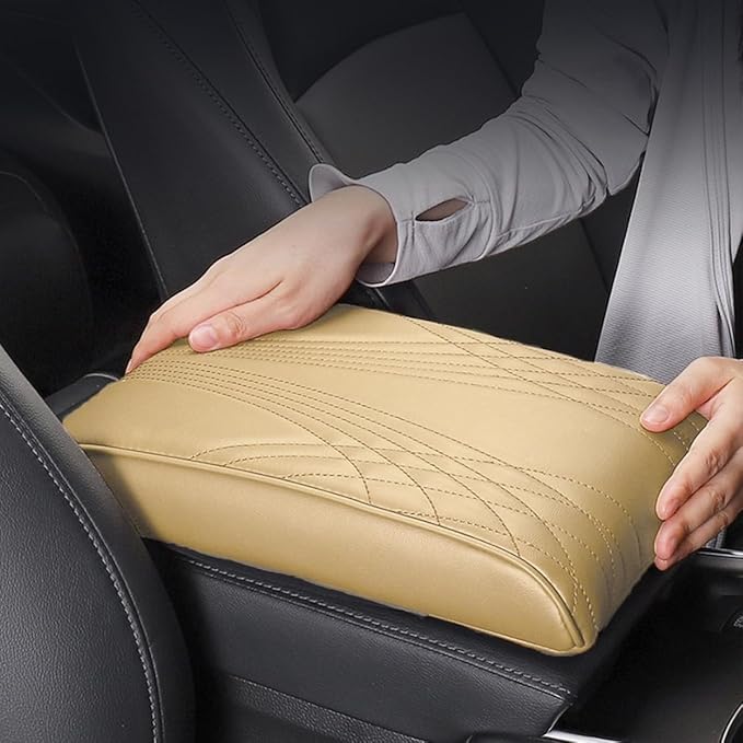 BODLYL Car Center Console Cover, Memory Foam Car Armrest Cover, Beige Arm Rest Covering Car, Middle Organizer Elbow Pillow, Leather armrest Cover for Car/SUV/Truck/Auto (No.2 Beige)