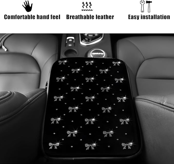 Car Center Console Cover, Waterproof Leather Bow Ribbon Vehicle Arm Rest Pad, Comfortable Automotive Interior Seat Box Armrest Protection Cushion Accessories, Universal Fit (Gray)