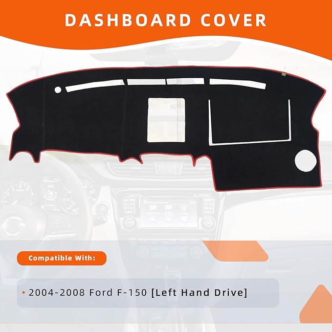 KEYOOG Dashboard Cover Dash Mat Fit for Fo-rd F-150 2008-2004 (for Left Hand Drive), Car Dash Board Mat Anti-Glare Carpet, Non-Slip Pad Sunshield Protector (Red Border Banding)