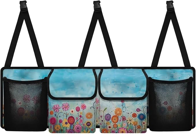 Hanging Trunk Organizer for Car Women Oxford Cloth Car Organization Accessories with 4 Pocekt Reusable Car Back Seat Organizer for SUV/MPV/Truck, Machine Washable, Cute Flowers Blue