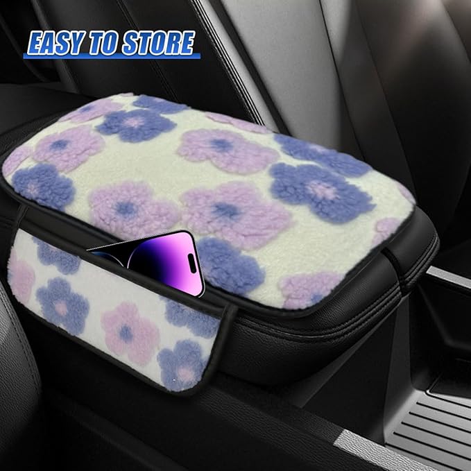 Car Center Console Cover, Soft Fluffy Car Armrest Seat Box Cushion Pad with 2 Storage Bags, Universal Vehicle Interior Protector Accessories for Most Sedans, SUVs, Trucks (Purple)
