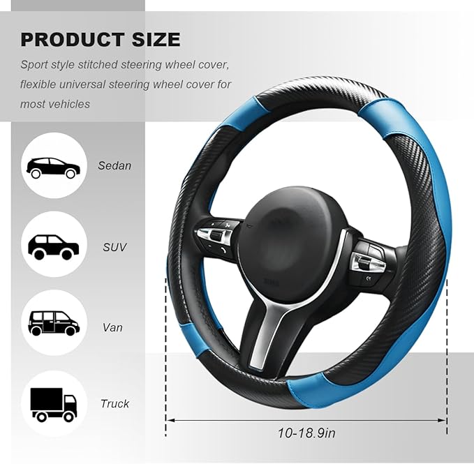 Car Steering Wheel Cover, 15 Inch Carbon Fiber Elastic Vehicle Steering Wheel Protector, Breathable Leather Auto Wheel Covers for Women Men, Interior Car Accessories (Black & Blue)
