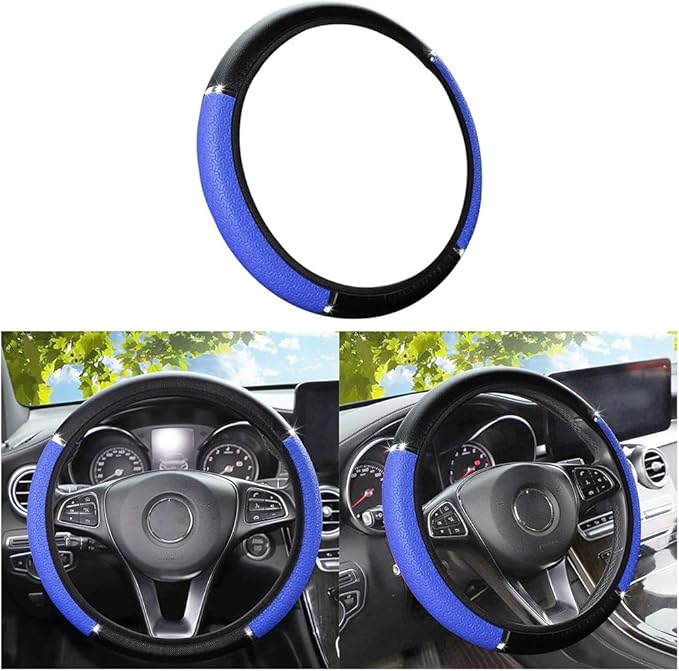 Car Steering Wheel Cover, PU Leather Elastic Vehicle Steering Wheel Protector, 14.5-15 Inches Non Slip Automotive Interior Steering Wheel Accessories, Universal Fit (Blue)