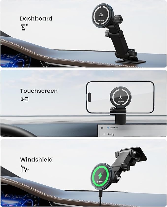 OHLPRO for MagSafe Car Charger Mount for iPhone 17 16 15 14 13 Pro Max, 15W Fast Charging Phone Holder, Magnetic Car Accessories, 360° Rotation, Adhesive Base for Tesla, Gift for Men Women
