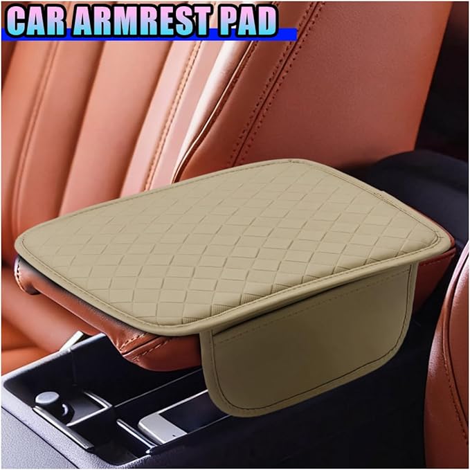 Leather Car Center Console Cover, Anti-Scratch Auto Middle Console Protective Cushion with 2 Storage Bags, Universal Waterproof Vehicle Armrest Pad Accessory for Sedan, SUV, Truck (Beige)