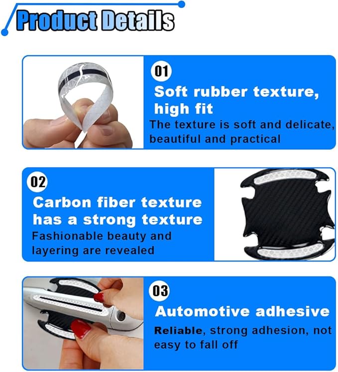 8PCS Reflective Car Door Handle Protector Sticker, Carbon Fiber Auto Door Handle Cup Paint Guard Protective Film, Anti-Scratches Car Door Handle Bowl Sticker, Self-Adhesive & Non-Marking (White)