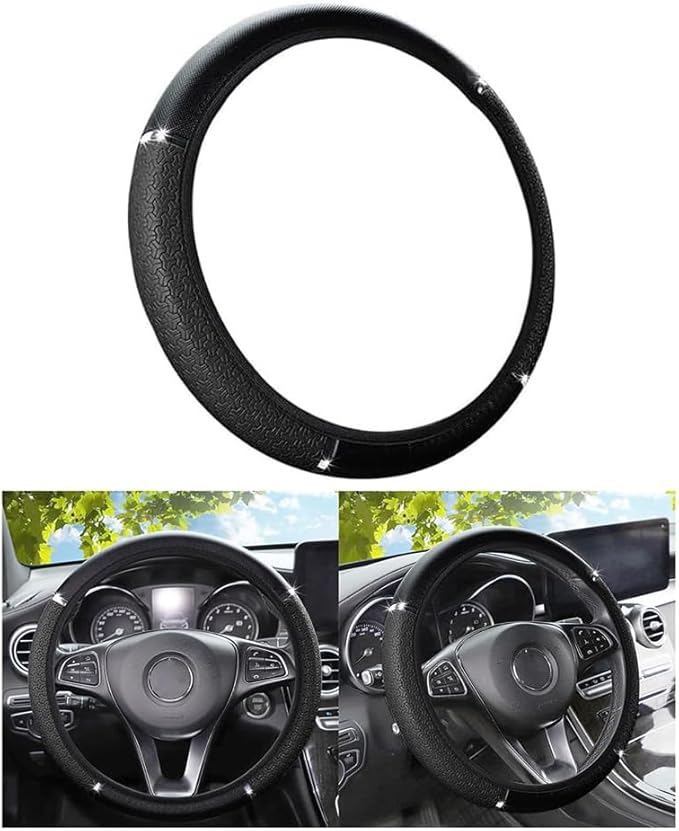 Car Steering Wheel Cover, PU Leather Elastic Vehicle Steering Wheel Protector, 14.5-15 Inches Non Slip Automotive Interior Steering Wheel Accessories, Universal Fit (Black)