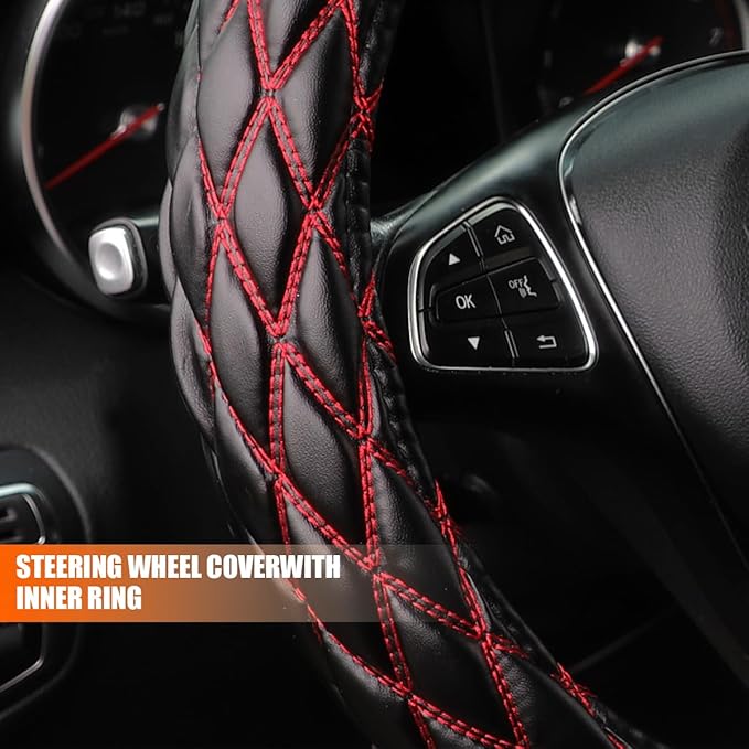 Car Steering Wheel Cover, 15" Soft Rubber Foldable Vehicle Steering Wheel Protector with Anti-Slip Lining, Automobile Interior Decoration Accessories, Universal for Most Vehicles (Black/Red)