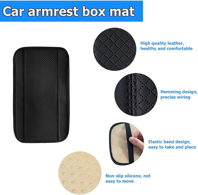 Armrest Pad for Car, PU Leather Auto Center Console Cushion Mat, Four Seasons Automotive Armrest Seat Box Cover, Universal Vehicle Interior Accessories for SUV, Truck, Van (Black)