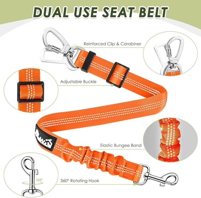 Lukovee Dog Seat Belt - Adjustable Dog Car Harness for Large, Medium, Small Dogs - Soft Padded & Breathable Mesh Dog Seatbelt with Vehicle Connector Strap (Orange Double Clip, Small)