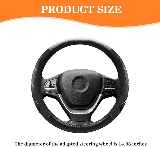 Car Steering Wheel Cover, 14.5-15" Non-Slip Leather Sporty Vehicle Steering Wheel Protector, Breathable Auto Interior Decoration Accessories, Universal for Van Truck Sedan (Black)