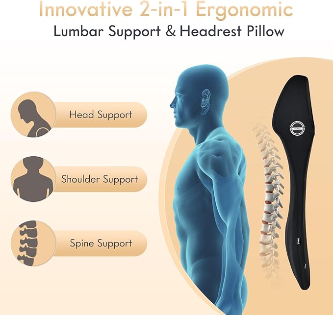 FLORICH Memory Foam Car Lumbar Support with Headrest Pillow 2-in-1 Car Seat Headrest & Lumbar Cushion Ergonomic Back Support Pillow Seat Cushion for Car Seat Driving Neck Back Pain Relief, Black