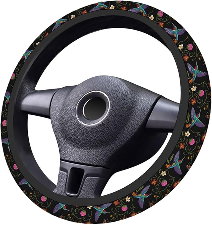 Swono Hummingbirds and Flower Car Steering Wheel Covers for Men Women,Hummingbirds Flowers Embroidery Car Accessories Decor 15" Steering Wheel Cushions Comfort Grip Neoprene Stretch-On Anti-Slip Case