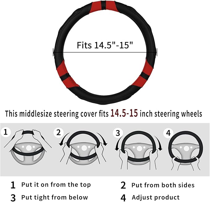 Achiou Red Car Steering Wheel Cover Universal 15 inch with Grip Contours, Leather Auto for Men and Women Non-Slip Breathable Soft and Comfortable
