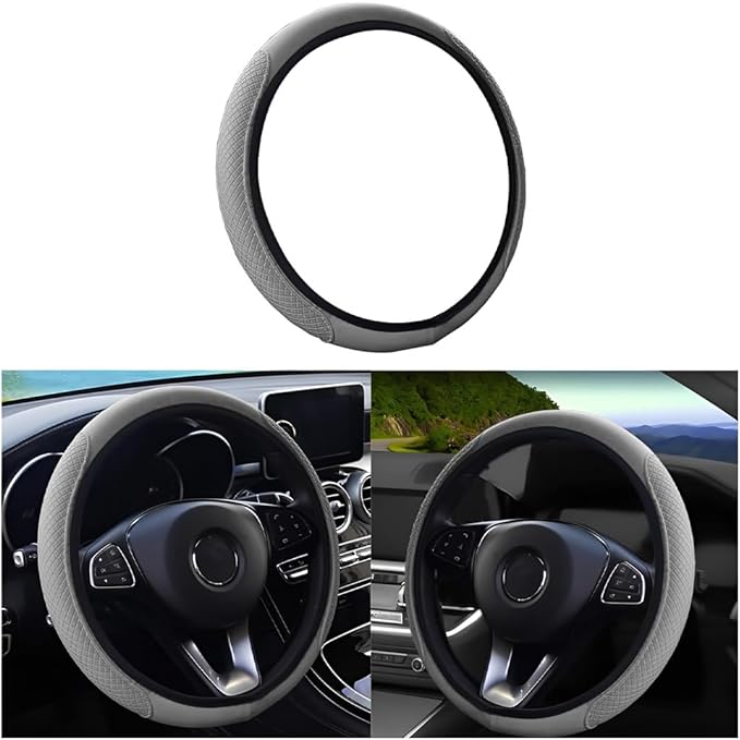 Leather Car Steering Wheel Cover, Anti-Slip Breathable Microfiber Leather Steering Wheel Protector for Women Men, Universal 15'' Elastic Soft Odorless, Car Accessories for Car, Truck, SUV (Gray)